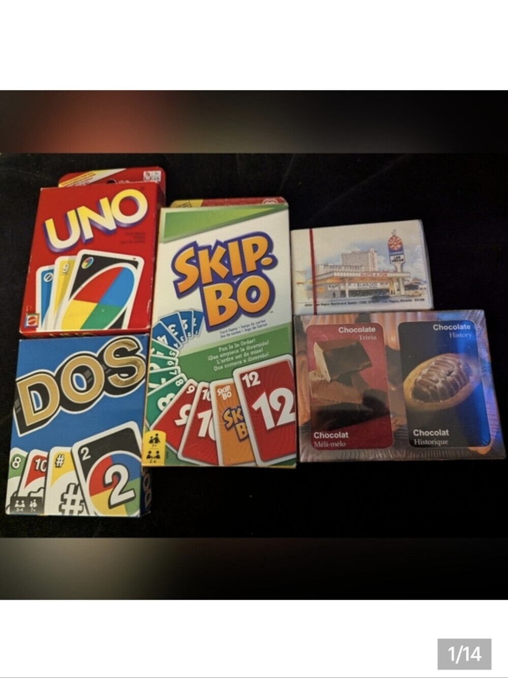 Card Game Bundle -Uno, Dos, Skip- bo, Vegas Cards, Chocolate Fun Facts Cards